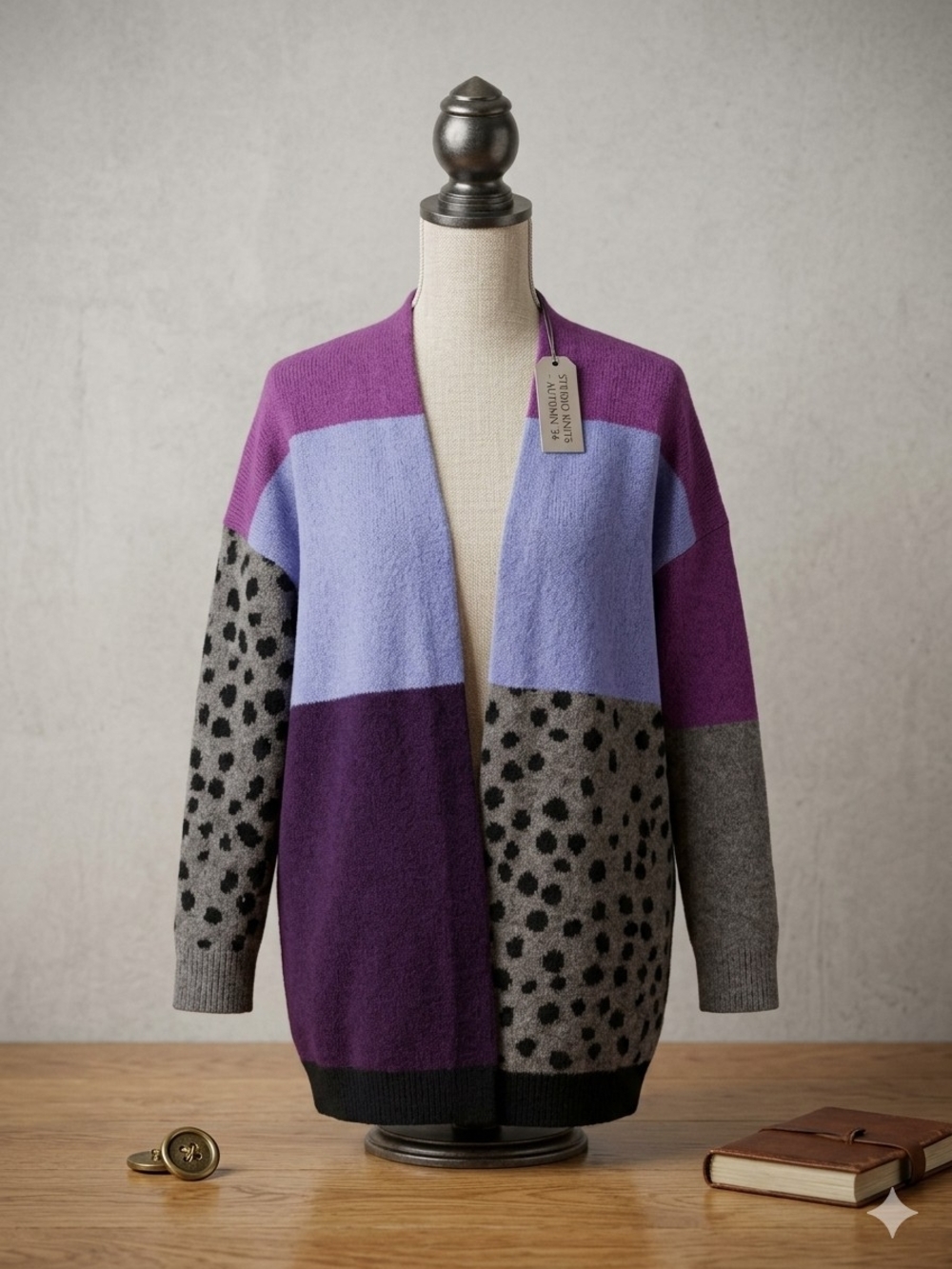 Northern Reflections Purple and Gray Leopard Open-Front Cardigan
